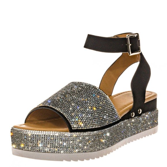 NEW Bling Silver Rhinestone Peep Toe Flat Platform Wedge Heel Sandal Ankle Strap - Picture 6 of 12